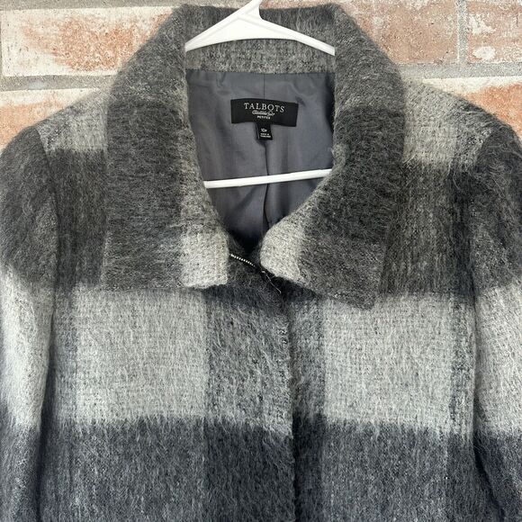 Talbots Gray Buffalo Plaid Wool Alpaca Blend Zip Up Coat Size 10 Petite - Picture 3 of 6